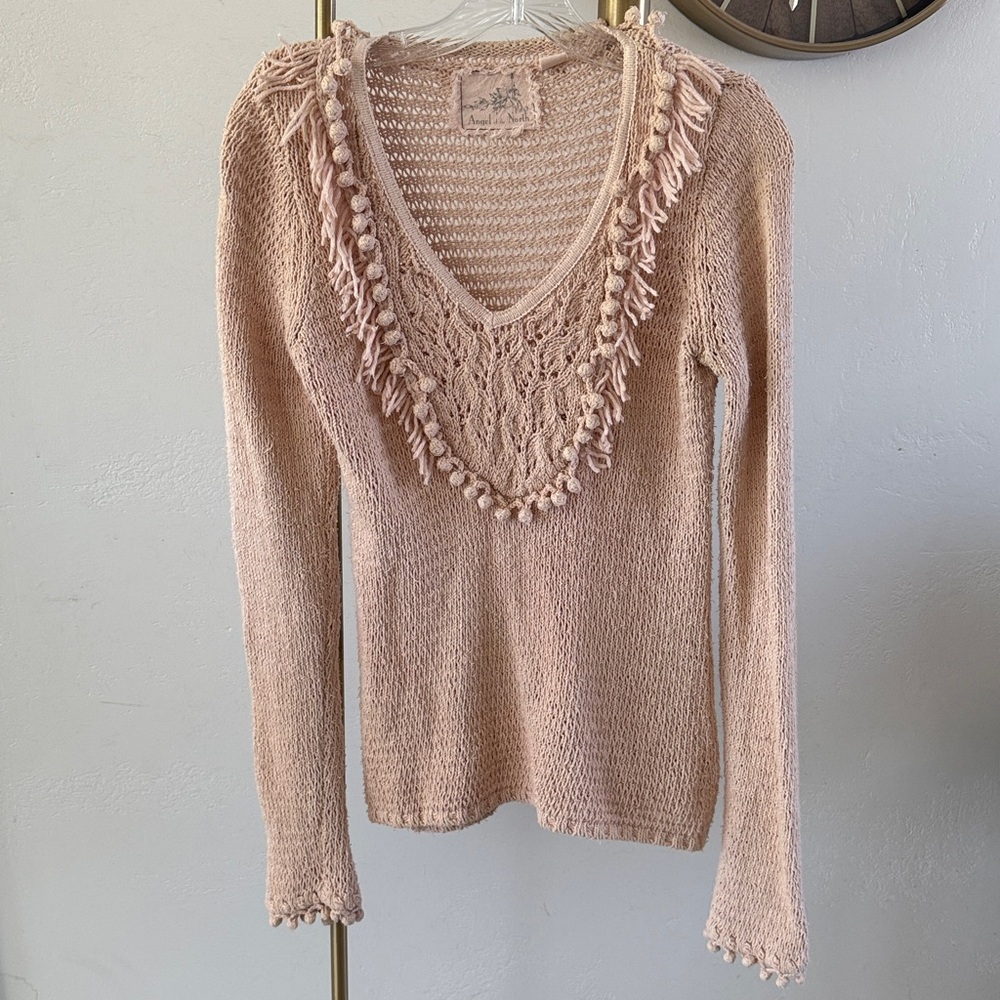 Anthropologie Angel Of The North Knit Sweater Fringe Details Cozy Cotton Small